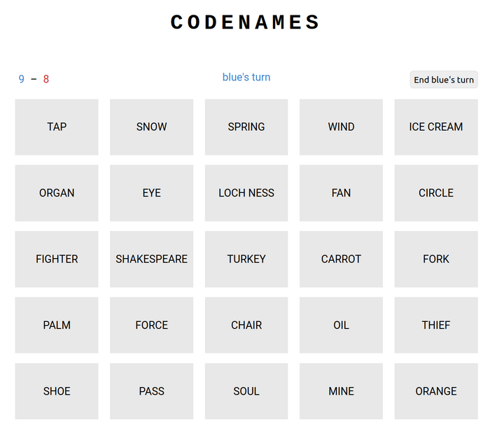 Image of Horsepaste implementation of Codenames user interface
