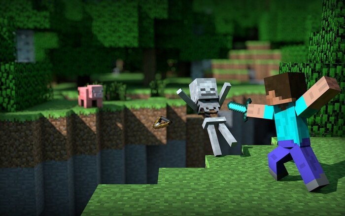 Image of Steve from Minecraft hitting a skeleton with a sword while a dog looks on in the background.