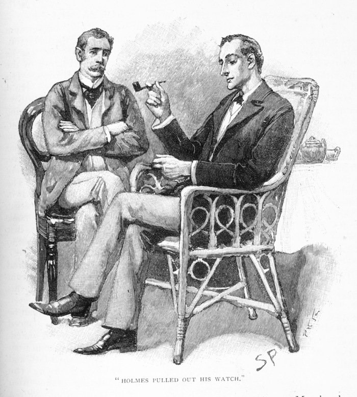 Black and while illustration of sherlock holmes and watson sitting together and smoking a pipe.