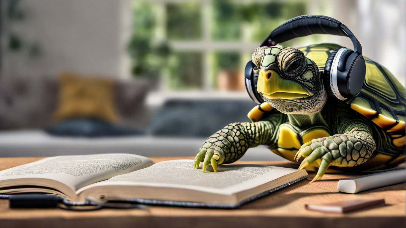 An image of a tortoise listening to an audiobook and reading.