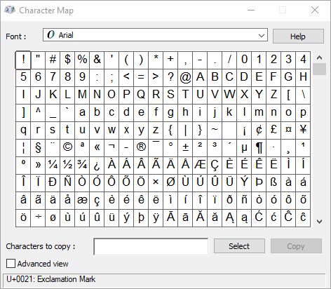 Screenshot of Windows Character Map app