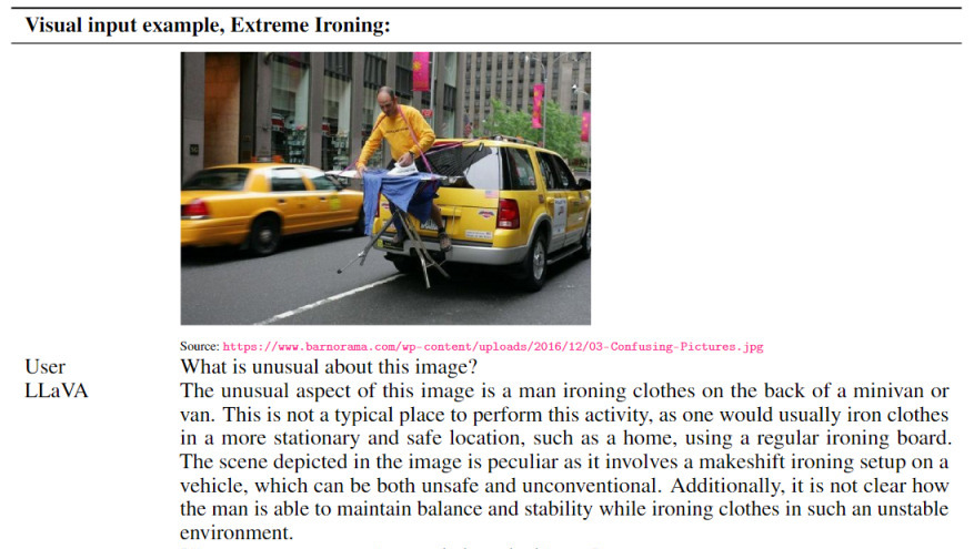 A demo of LLaVa explaining an image of extreme ironing.