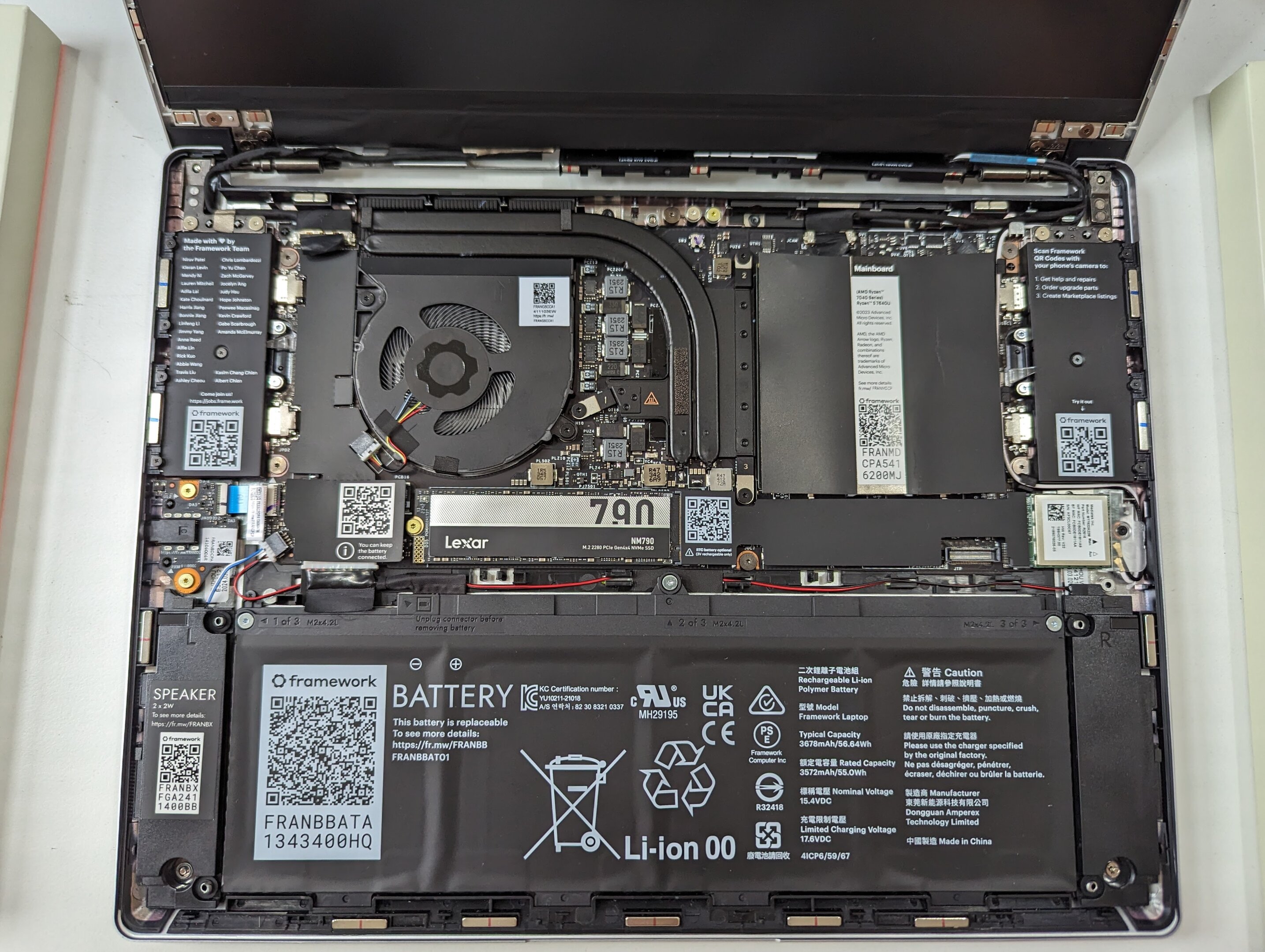 Internal image of the Framework laptop, showing parts’ QR codes. Credit: Ogidya on Wikipedia