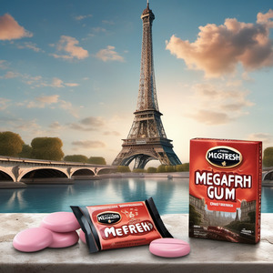 A pack of “MegaFresh” gum sitting on a wrought iron table in front of the the Eiffel tower during the daytime. Generated by Stable Diffusion XL