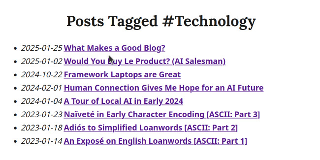 An example of a tag page, showing articles on my blog tagged #technology.